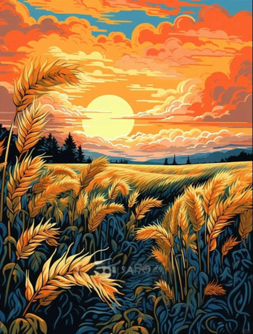 🌾 Broderie Diamant - Champs de Blé au Coucher du Soleil