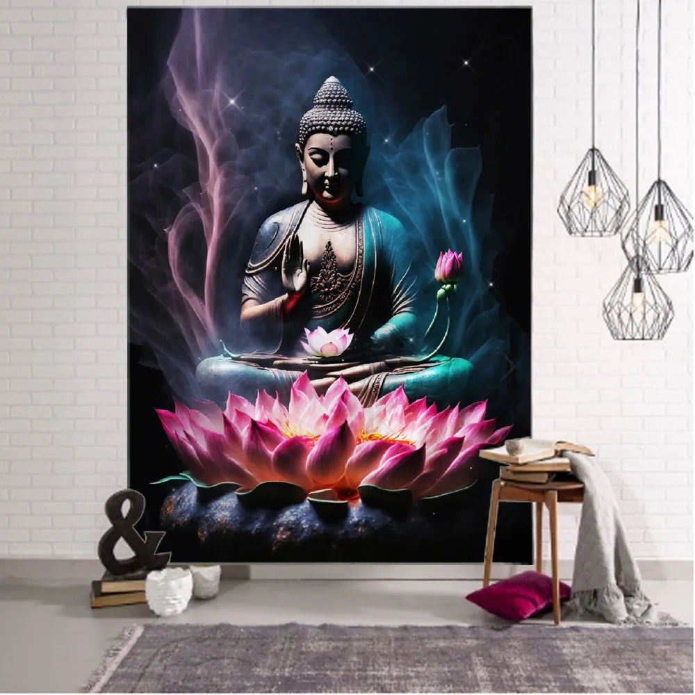 🌀 Tenture Murale Bouddha & Lotus Éthéré – Mystique et Sérénité