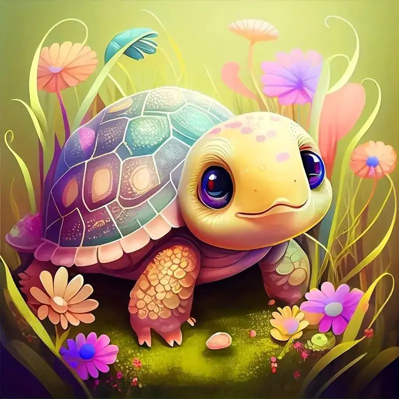 🐢 Broderie Diamant - Adorable Tortue dans un Jardin Fleuris 🌸