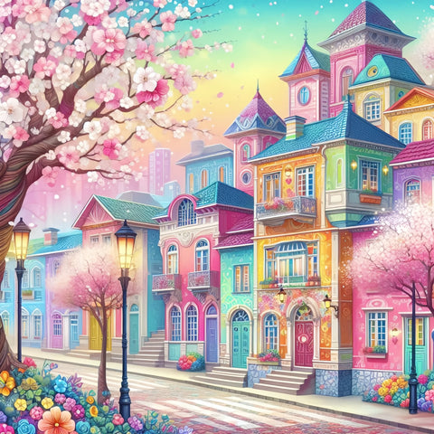 🏡 Broderie Diamant - Rue Colorée Printanière 🌸