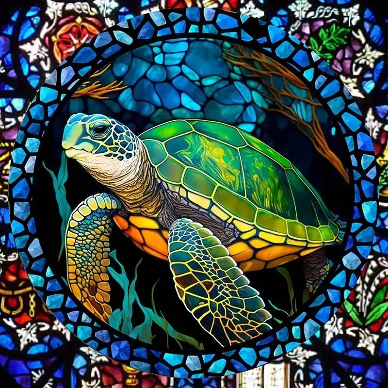 🐢 Broderie Diamant - Tortue Majestueuse en Vitrail 🌊