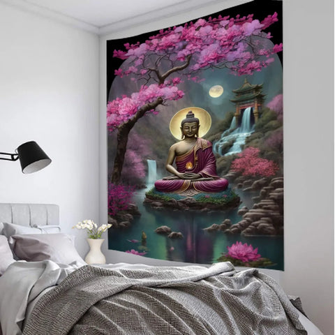 🌙 Tenture Murale Bouddha & Paysage Nocturne – Sérénité et Évasion