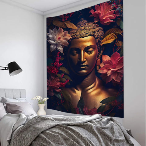 🌺 Tenture Murale Bouddha Doré & Fleurs – Élégance et Sérénité