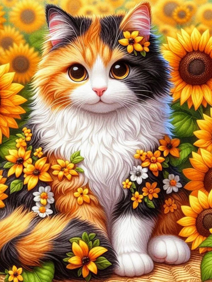 🌻 Broderie Diamant - Chat et Tournesols 🐱