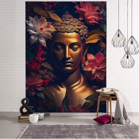 🌺 Tenture Murale Bouddha Doré & Fleurs – Élégance et Sérénité