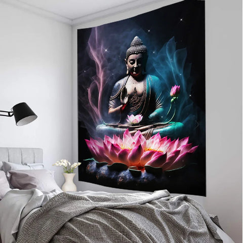 🌀 Tenture Murale Bouddha & Lotus Éthéré – Mystique et Sérénité